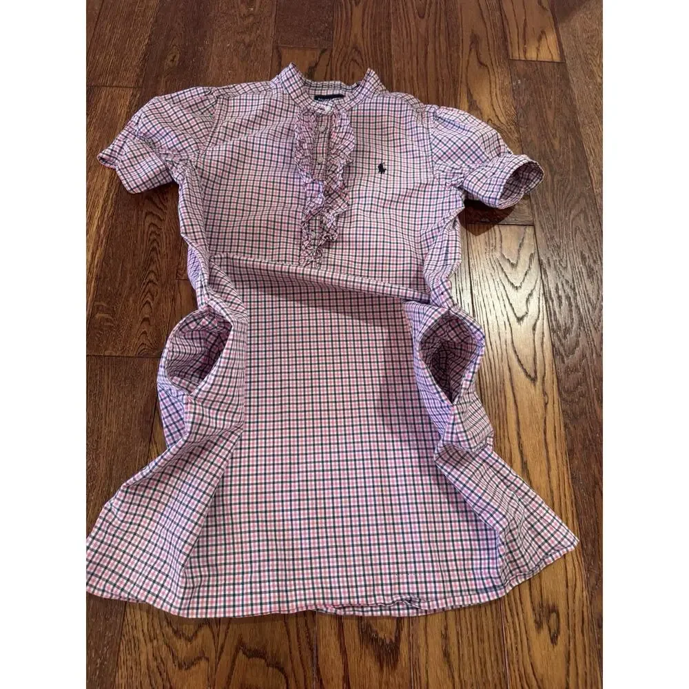 Ralph Lauren Girls 12 Ruffle Shirt Dress Pink Navy Polo Pony Plaid Puff Sleeves
